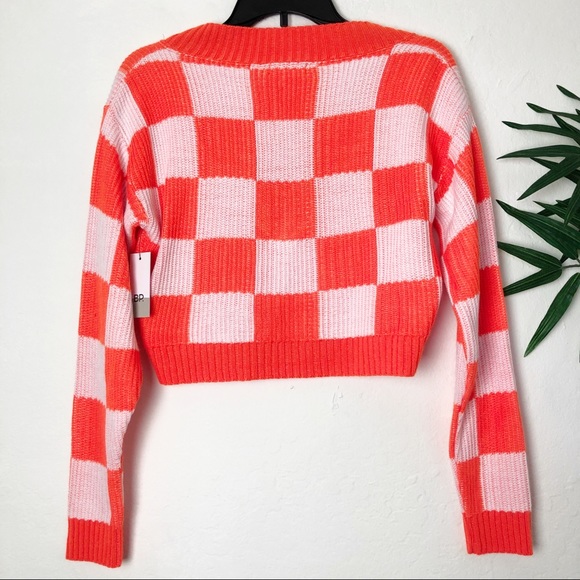 BP. Check V-neck Crop Sweater In Orange Neon Checker - Picture 3 of 7